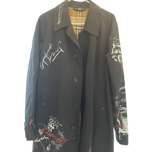 Burberry Black Trench Coat With Graphic Embroidery & Signature Check Lining - Picture 1 of 13